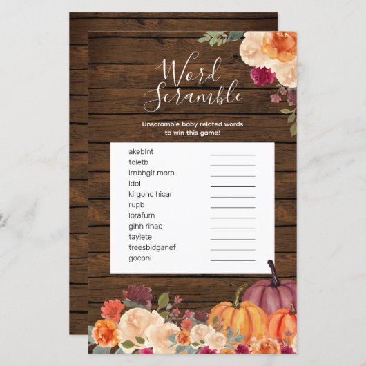 Wood Rustic Pumpkin Floral Word Scramble Game (Vorne/Hinten)