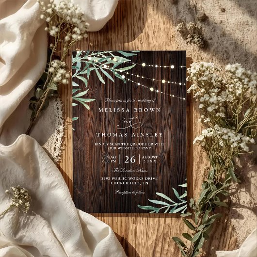 Wood Rustic String Light Country QR Code Wedding Einladung