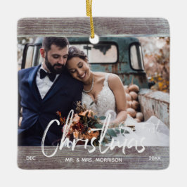 Wood Rustic Unser erstes Weihnachtsfest-Foto Keramikornament