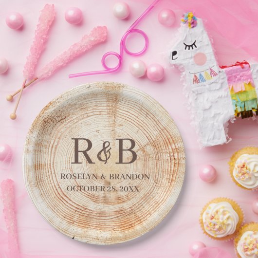 Wood Rustic Wedding Custom Monogram Names Pappteller (Party)