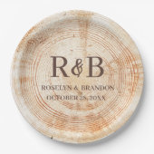 Wood Rustic Wedding Custom Monogram Names Pappteller (Vorderseite)