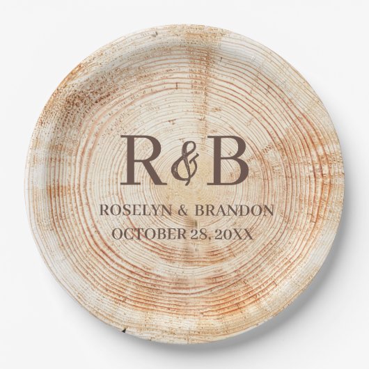 Wood Rustic Wedding Custom Monogram Names Pappteller (Vorderseite)