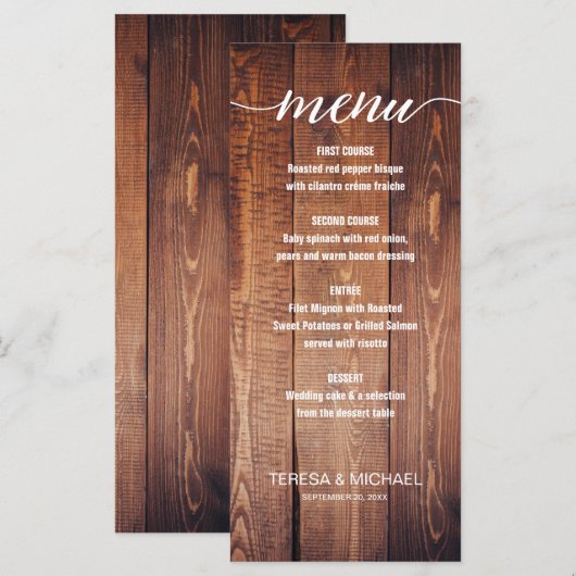 Wood Rustic Wedding Dinner Menükarte (Vorne/Hinten)