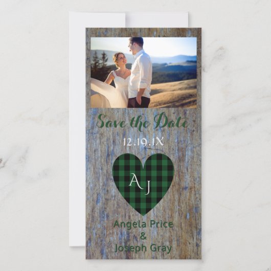 Wood Rustic Wedding Save the Date Kariert Heart (Vorderseite)