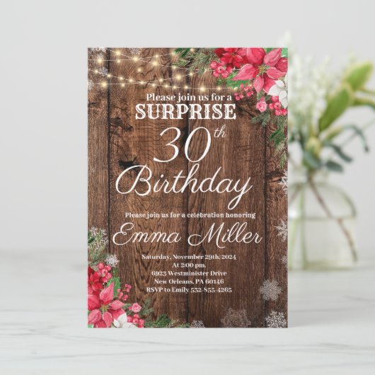 Wood Rustic Winterüberraschung 30. Geburtstag Einladung (Stehend Vorderseite)