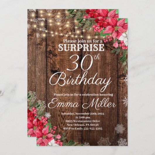 Wood Rustic Winterüberraschung 30. Geburtstag Einladung (Vorne/Hinten)