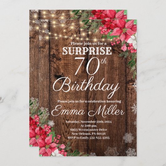 Wood Rustic Winterüberraschung 70. Geburtstag Einladung (Vorne/Hinten)