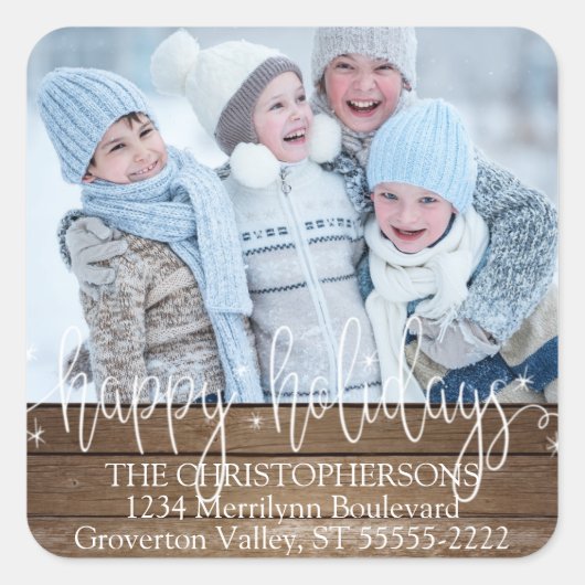 Wood Script HAPPY FERIEN Foto Rücksendeadresse Quadratischer Aufkleber (Vorderseite)