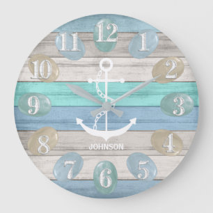 Wood - Sea Glass / Nautical / Anchor Large Clock Große Wanduhr