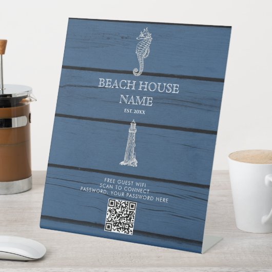 Wood Seepferd Lighthouse Beach House Wifi QR Code Sockelschild (In Situ)