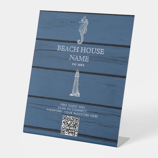 Wood Seepferd Lighthouse Beach House Wifi QR Code Sockelschild (Vorderseite)
