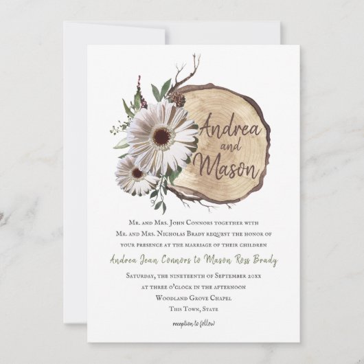 Wood Slice Daisy Wedding Einladung (Vorderseite)