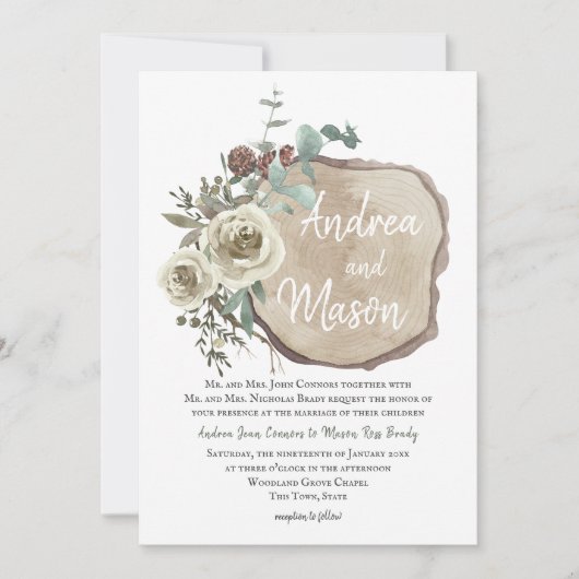 Wood Slice Natural Rose und Eukalyptus Wedding Einladung (Vorderseite)