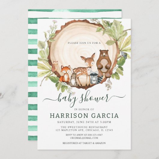 Wood Slice Tree Woodland Animals Baby Dusche Einladung (Vorne/Hinten)