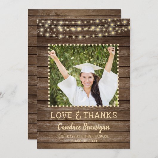 Wood String Lights Abschluss Foto Vielen Dank Ankündigung (Vorne/Hinten)