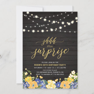 Wood & String Lights Gold Überraschung Geburtstags Einladung