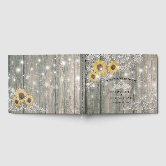 Wood Sunflower Lace String Light Wedding Gästebuch (Voll)