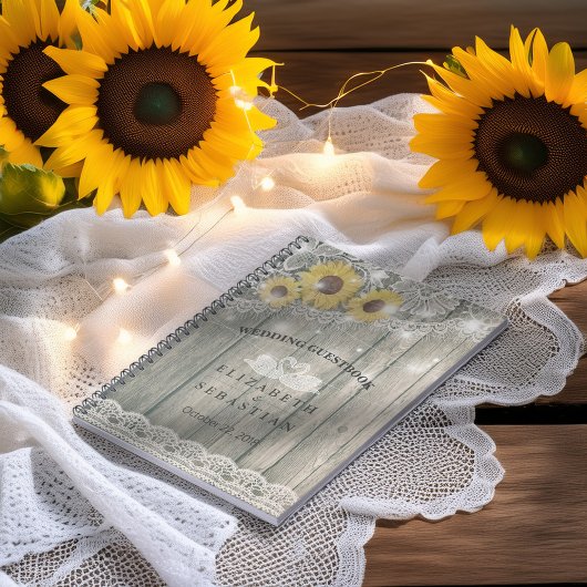 Wood Sunflower Lace String Light Wedding Gästebuch Notizblock