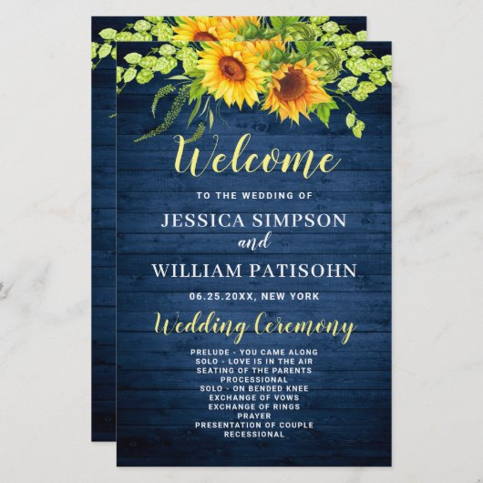 Wood Sunflower Rustic Wedding Zeremonie Programm (Vorne/Hinten)