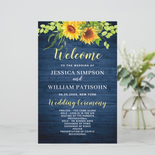 Wood Sunflower Rustic Wedding Zeremonie Programm (Stehend Vorderseite)