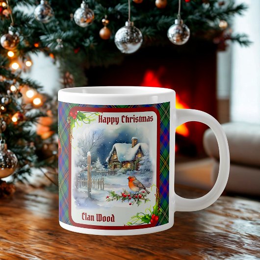 Wood Tartan & Robin Christmas Personalized Jumbo-Tasse