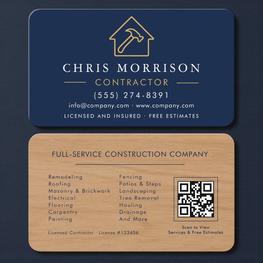 Wood Texture Navy Blue Contractor QR Code Visitenkarte