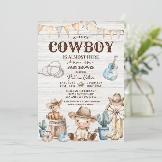 Wood Unsere kleine Cowboy Wild West Boy Baby Dusch Einladung (Stehend Vorderseite)