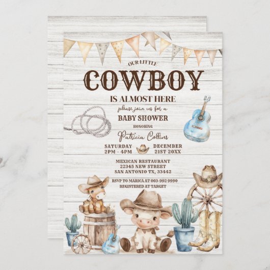 Wood Unsere kleine Cowboy Wild West Boy Baby Dusch Einladung (Vorne/Hinten)