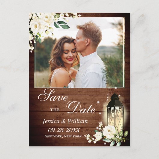 Wood White Rose Rustic FOTO Wedding Save the Date Postkarte (Vorderseite)