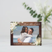 Wood White Rose Rustic FOTO Wedding Save the Date Postkarte (Stehend Vorderseite)