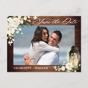 Wood White Rose Rustic FOTO Wedding Save the Date Postkarte