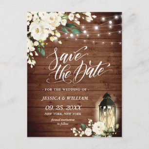 Wood White Roses Rustic Wedding Save the Date Postkarte