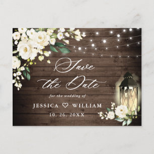 Wood White Roses Rustic Wedding Save the Date Postkarte