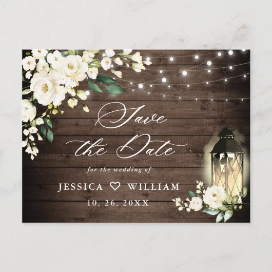 Wood White Roses Rustic Wedding Save the Date Postkarte (Vorderseite)