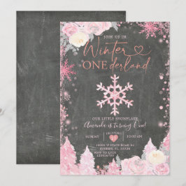 Wood Winter Onederland Pink Snowflake Geburtstag Einladung