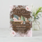 Wood Winter Pink Snowflake Sleigh Baby Dusche Einladung (Stehend Vorderseite)