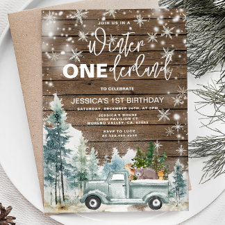 Wood Winter Truck Onederland Forest 1. Geburtstag Einladung