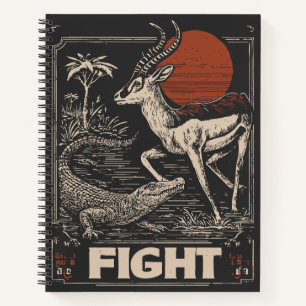 Woodblock Wildlife Battle Antelope Crocodile Notizblock