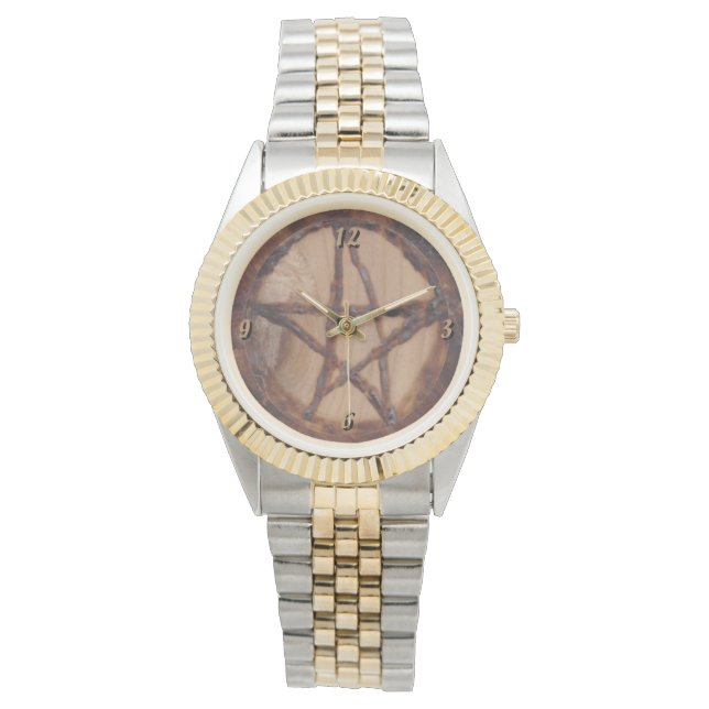 Woodburned Pentagramm Primitive Hexe Wiccan Pagan Armbanduhr (Vorderseite)