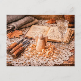 Woodcarving Angel in Progress with Tools and Shavi Postkarte