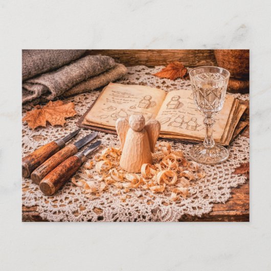 Woodcarving Angel in Progress with Tools and Shavi Postkarte (Vorderseite)