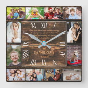 Wooden 12 family photo collage roman numerals squ quadratische wanduhr