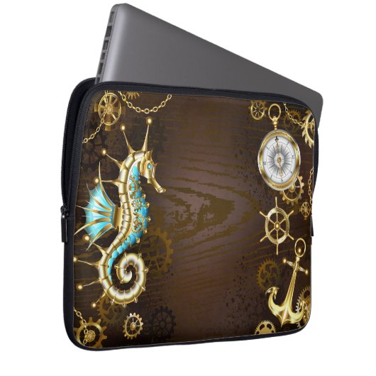 Wooden Background with Mechanical Seahorse Laptopschutzhülle (Vorne Rechts)