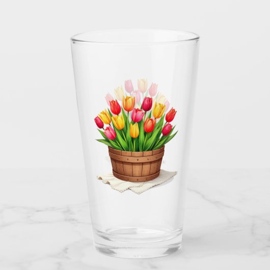 Wooden Basket Filled With Tulips Glas (Vorderseite)