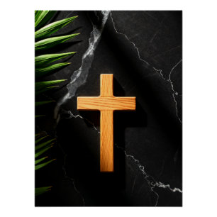 Wooden Cross on Black Marble - Faith and Reflectio Poster