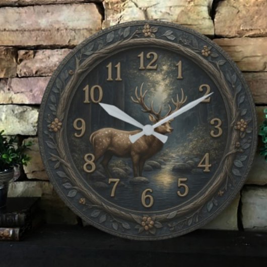 Wooden forest Rustic deer Große Wanduhr