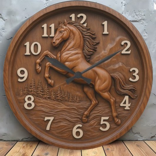 Wooden horse carved rustic equestrian rustic art große wanduhr