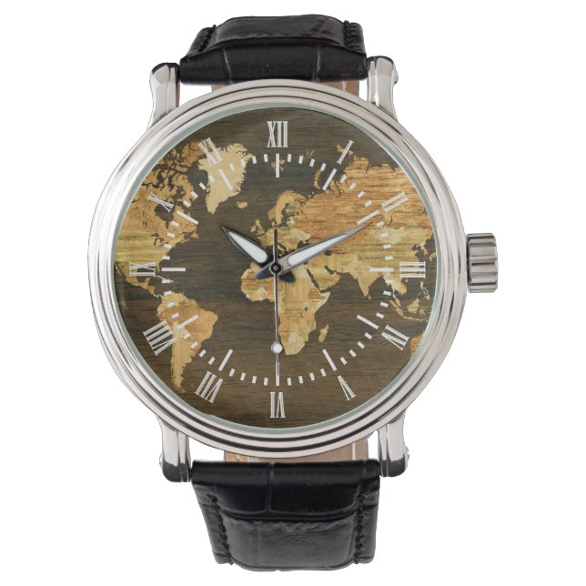 Wooden World Map Armbanduhr (Vorderseite)