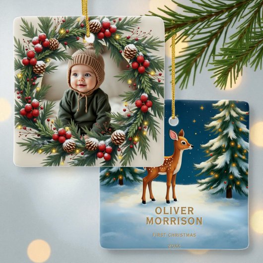Woodland 1st First Christmas Baby Photo Keramikornament