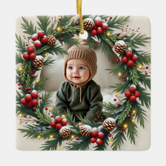 Woodland 1st First Christmas Baby Photo Keramikornament (Vorderseite)